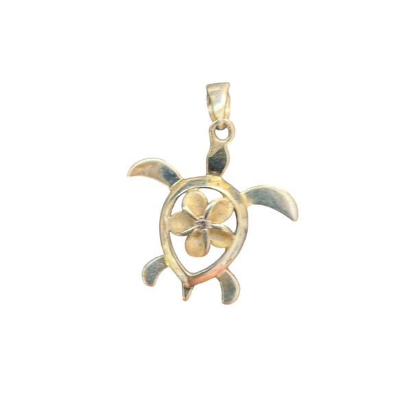 Silver 925 Hawaiian Honu Turtle Pendant Plumeria Flower Center Small Clear Stone - Picture 6 of 9